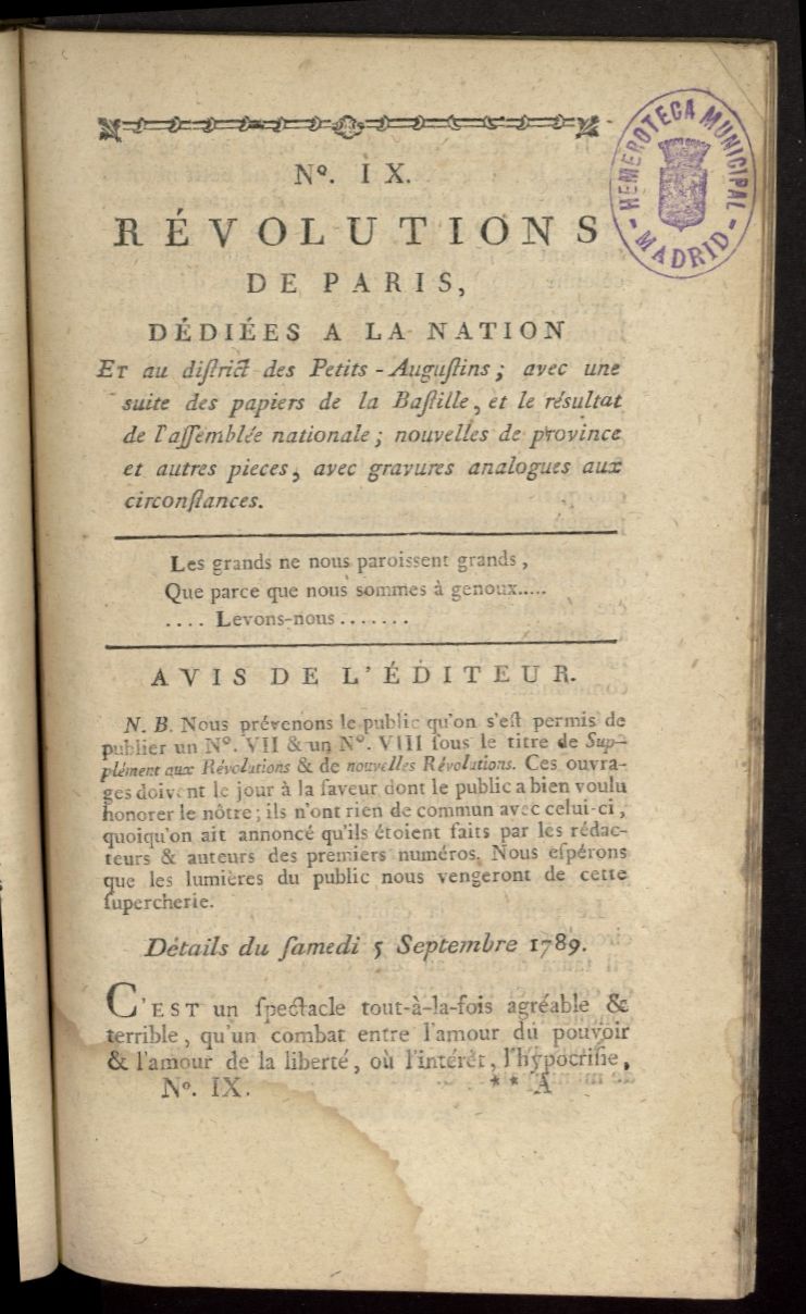 Revolutions de Paris : ddies a la nation et au district des Petits Augustins del 5 de septiembre de 1789, n 9