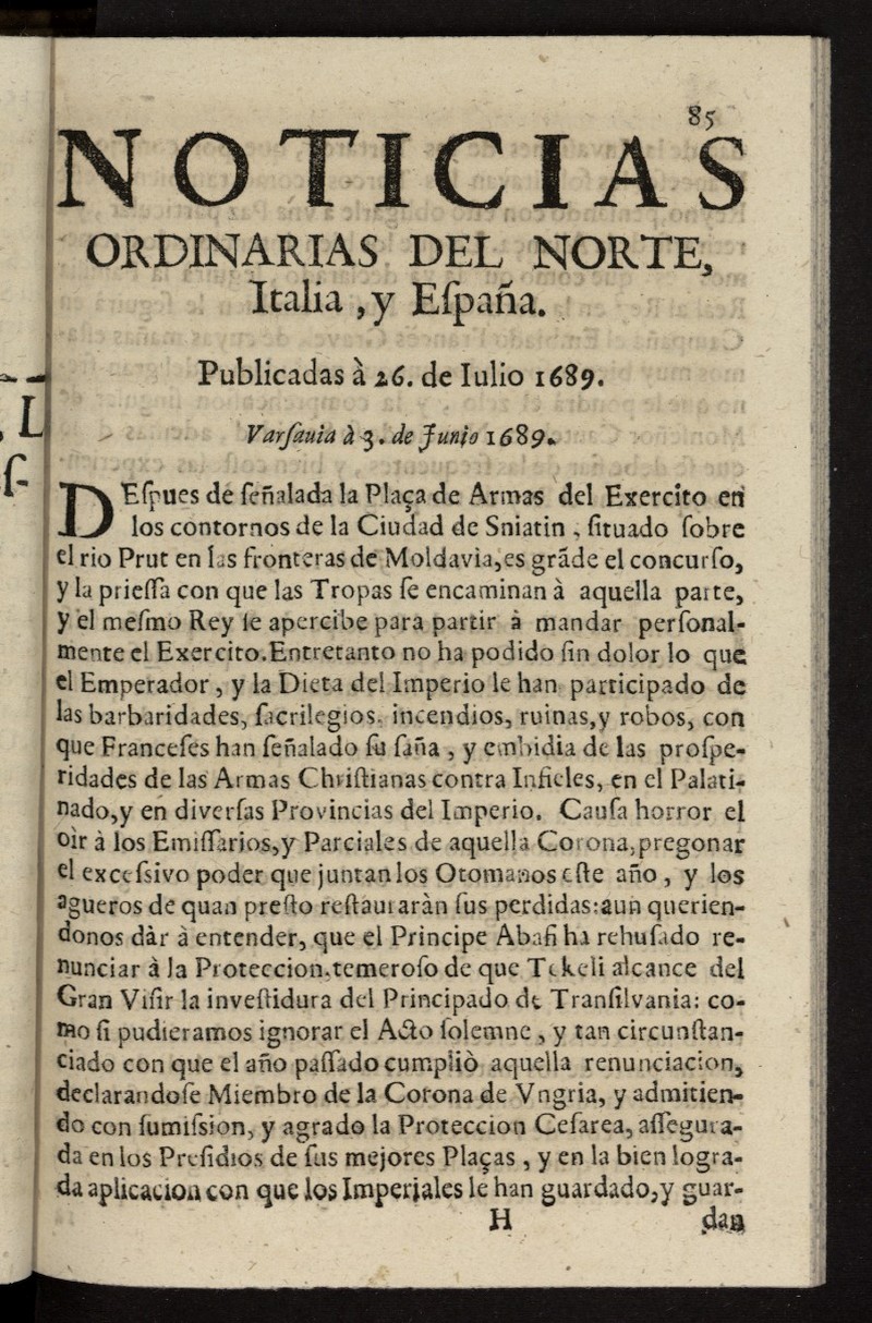 Noticias ordinarias del Norte, Italia, y Espaa del 26 de julio de 1689