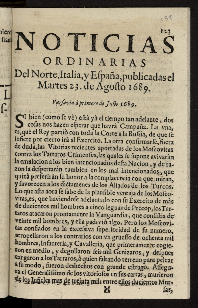 Noticias ordinarias del Norte, Italia, y Espaa del 23 de agosto de 1689