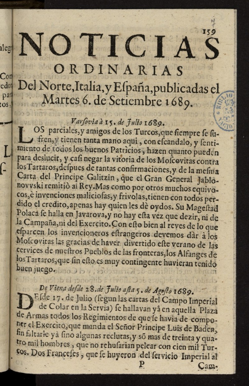 Noticias ordinarias del Norte, Italia, y Espaa del 6 de septiembre de 1689