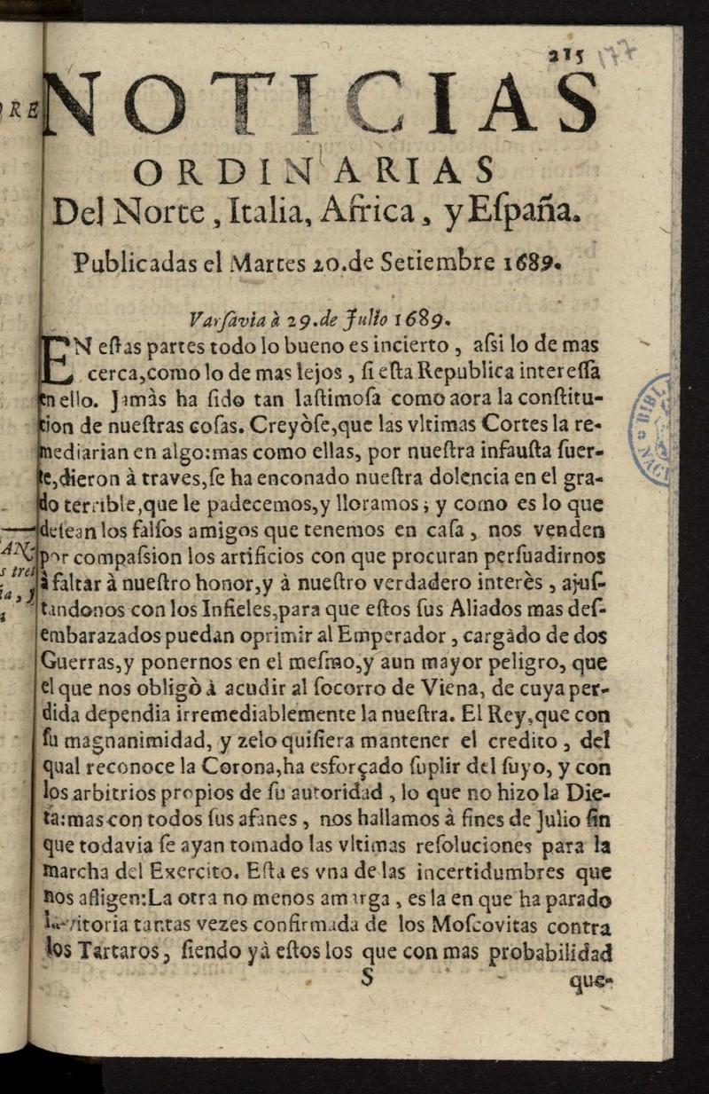 Noticias ordinarias del Norte, Italia, y Espaa del 20 de septiembre de 1689