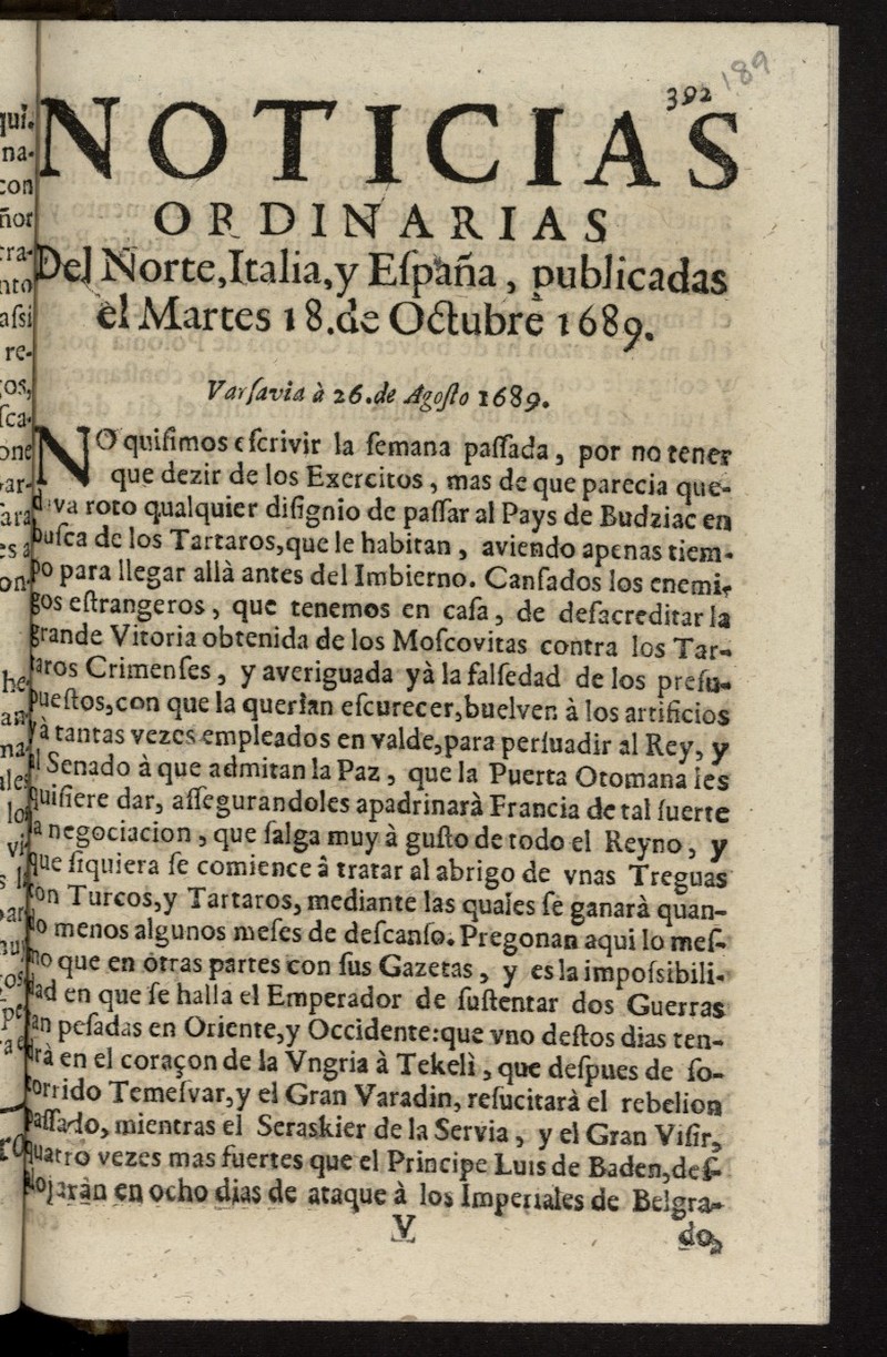 Noticias ordinarias del Norte, Italia, y Espaa del 18 de octubre de 1689
