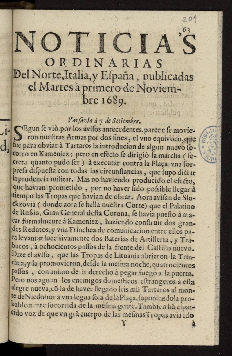 Noticias ordinarias del Norte, Italia, y Espaa del 1 de noviembre de 1689
