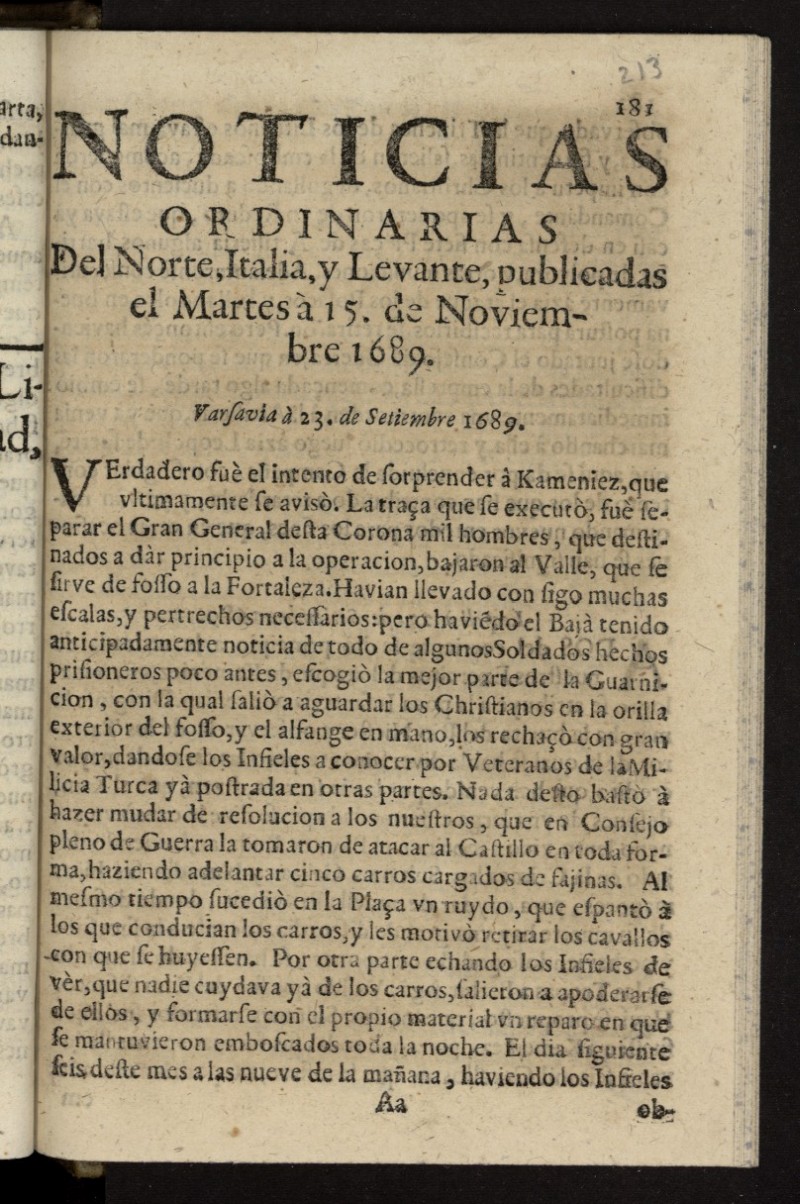 Noticias ordinarias del Norte, Italia, y Espaa del 15 de noviembre de 1689