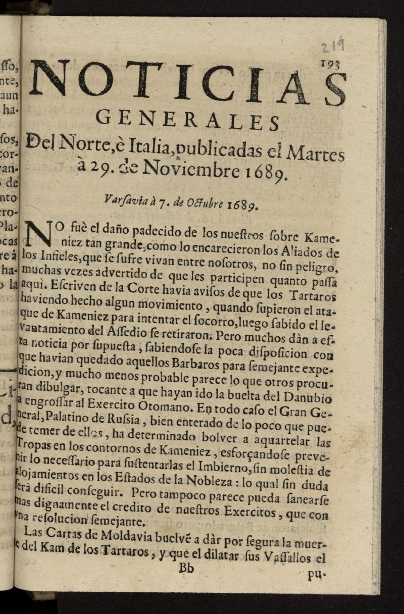 Noticias ordinarias del Norte, Italia, y Espaa del 29 de noviembre de 1689