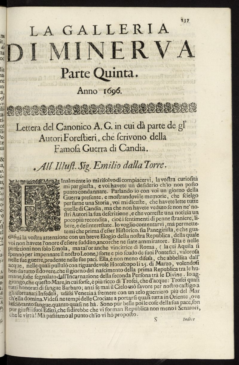 La Galleria di Minerva o Vero Notizie Universali de 1696-97 tomo I, n 5