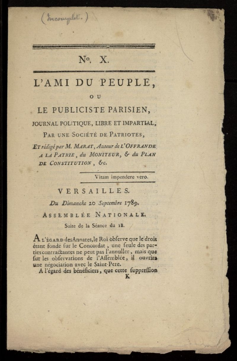 LAmi du Peuple ou le Publiciste Parisien: journal po litique, libre et impartial par une Socit de Patriotes