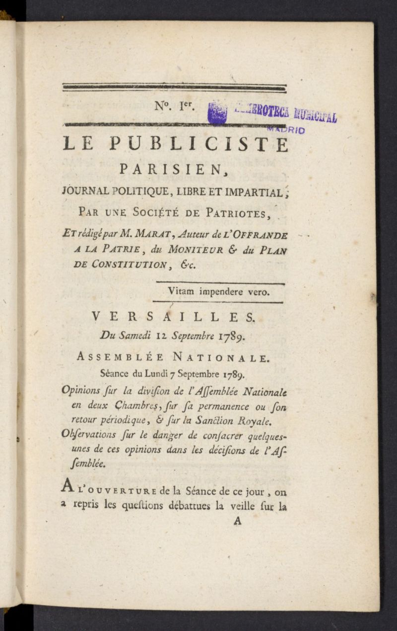 LAmi du peuple ou Le Publiciste Parisien del 12 de septiembre de 1789, n 1