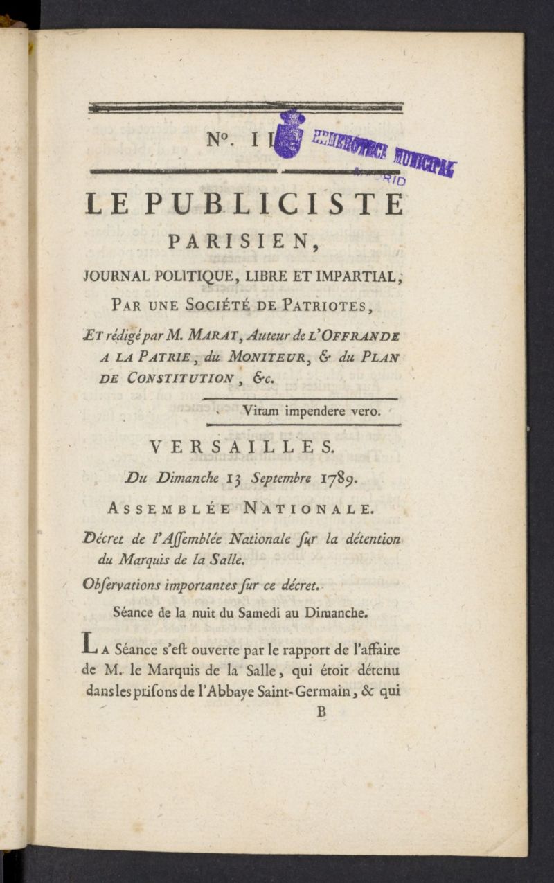 LAmi du peuple ou Le Publiciste Parisien del 13 de septiembre de 1789, n 2