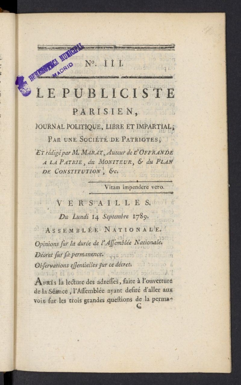 LAmi du peuple ou Le Publiciste Parisien del 14 de septiembre de 1789, n 3