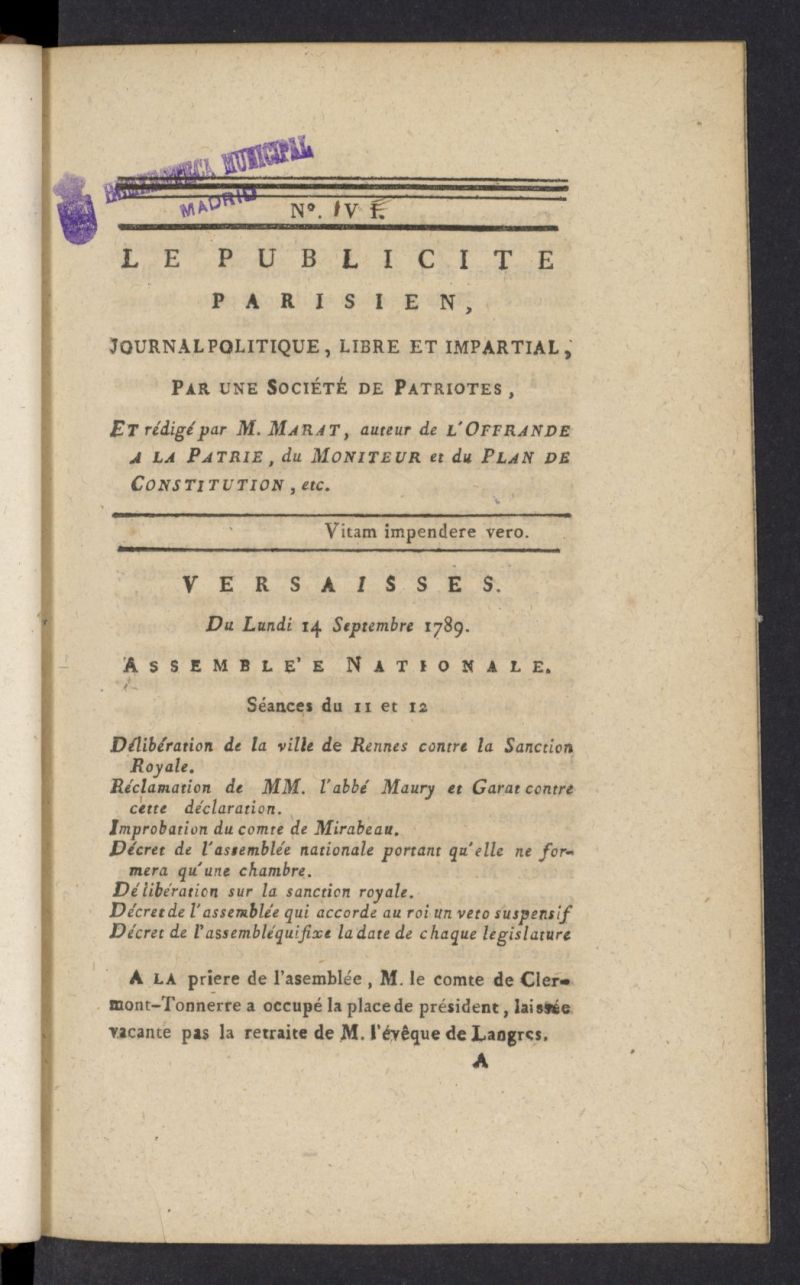 LAmi du peuple ou Le Publiciste Parisien del 14 de septiembre de 1789, n 4