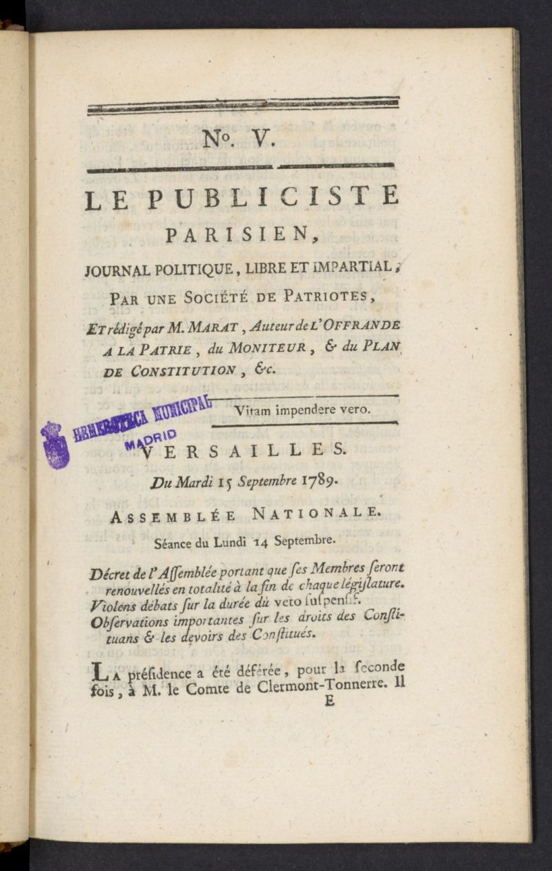LAmi du peuple ou Le Publiciste Parisien del 15 de septiembre de 1789, n 5