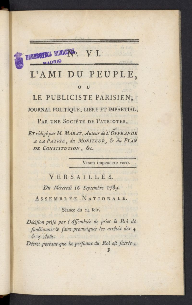 LAmi du peuple ou Le Publiciste Parisien del 16 de septiembre de 1789, n 6