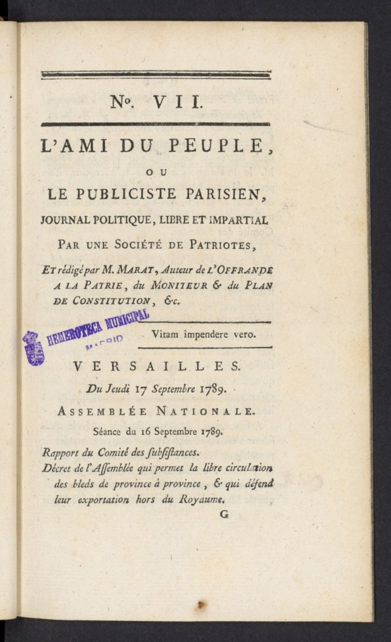 LAmi du peuple ou Le Publiciste Parisien del 17 de septiembre de 1789, n 7