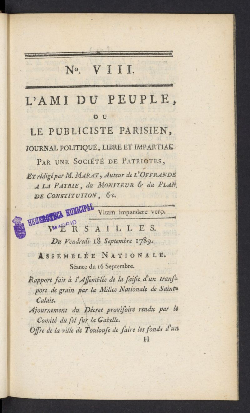 LAmi du peuple ou Le Publiciste Parisien del 18 de septiembre de 1789, n 8