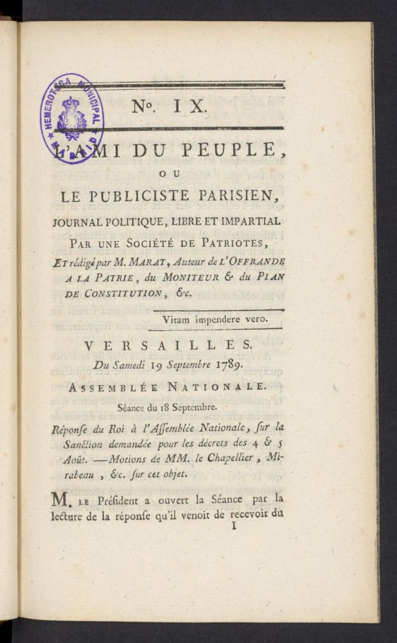 LAmi du peuple ou Le Publiciste Parisien del 19 de septiembre de 1789, n 9