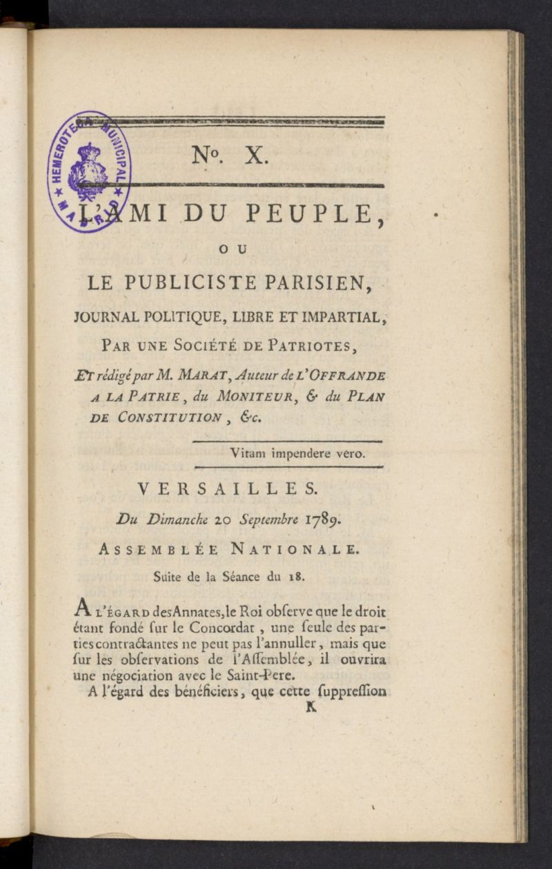 LAmi du peuple ou Le Publiciste Parisien del 20 de septiembre de 1789, n 10