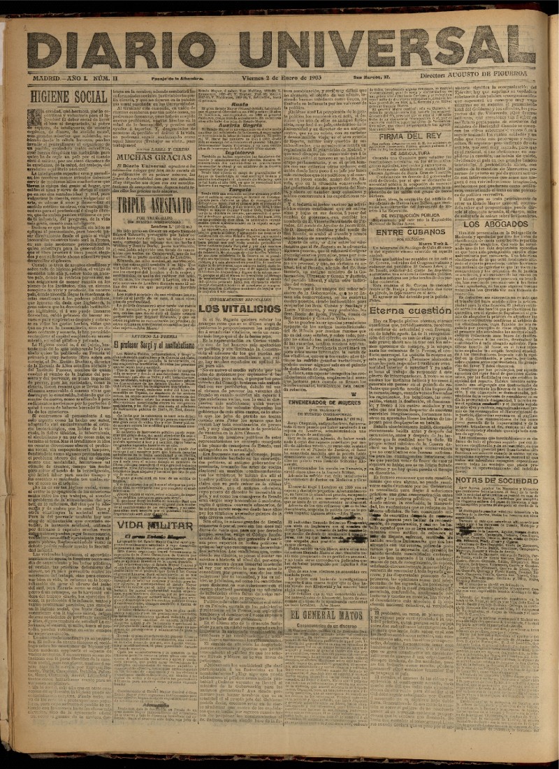 Diario Universal del 2 de enero de 1903, edición de tarde