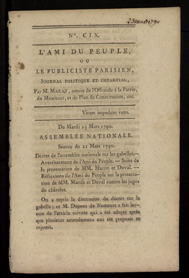 LAmi du Peuple ou Le Publiciste Parisien Politique... del 23 de marzo de 1790, n 109
