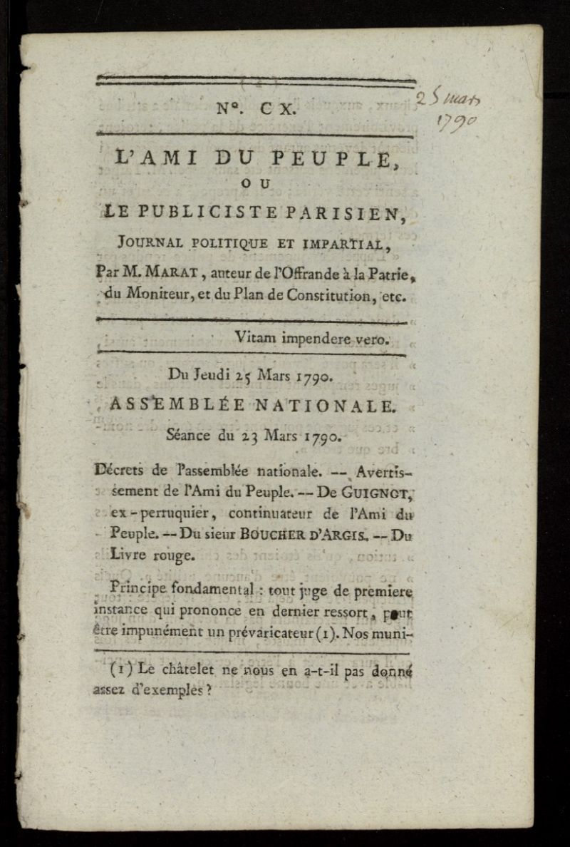 LAmi du Peuple ou Le Publiciste Parisien Politique... del 25 de marzo de 1790, n 110