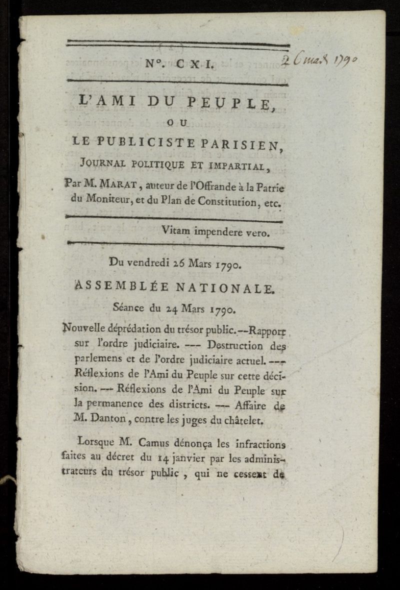 LAmi du Peuple ou Le Publiciste Parisien Politique... del 26 de marzo de 1790, n 111
