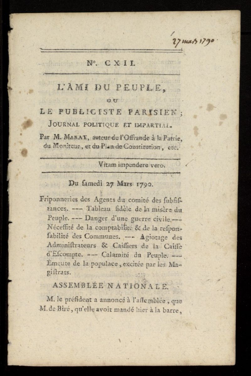 LAmi du Peuple ou Le Publiciste Parisien Politique... del 27 de marzo de 1790, n 112