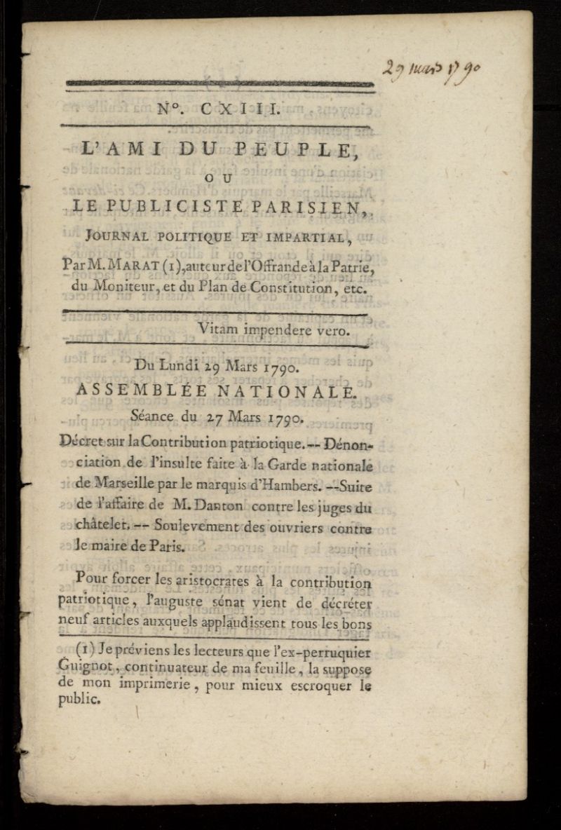 LAmi du Peuple ou Le Publiciste Parisien Politique... del 29 de marzo de 1790,n 113