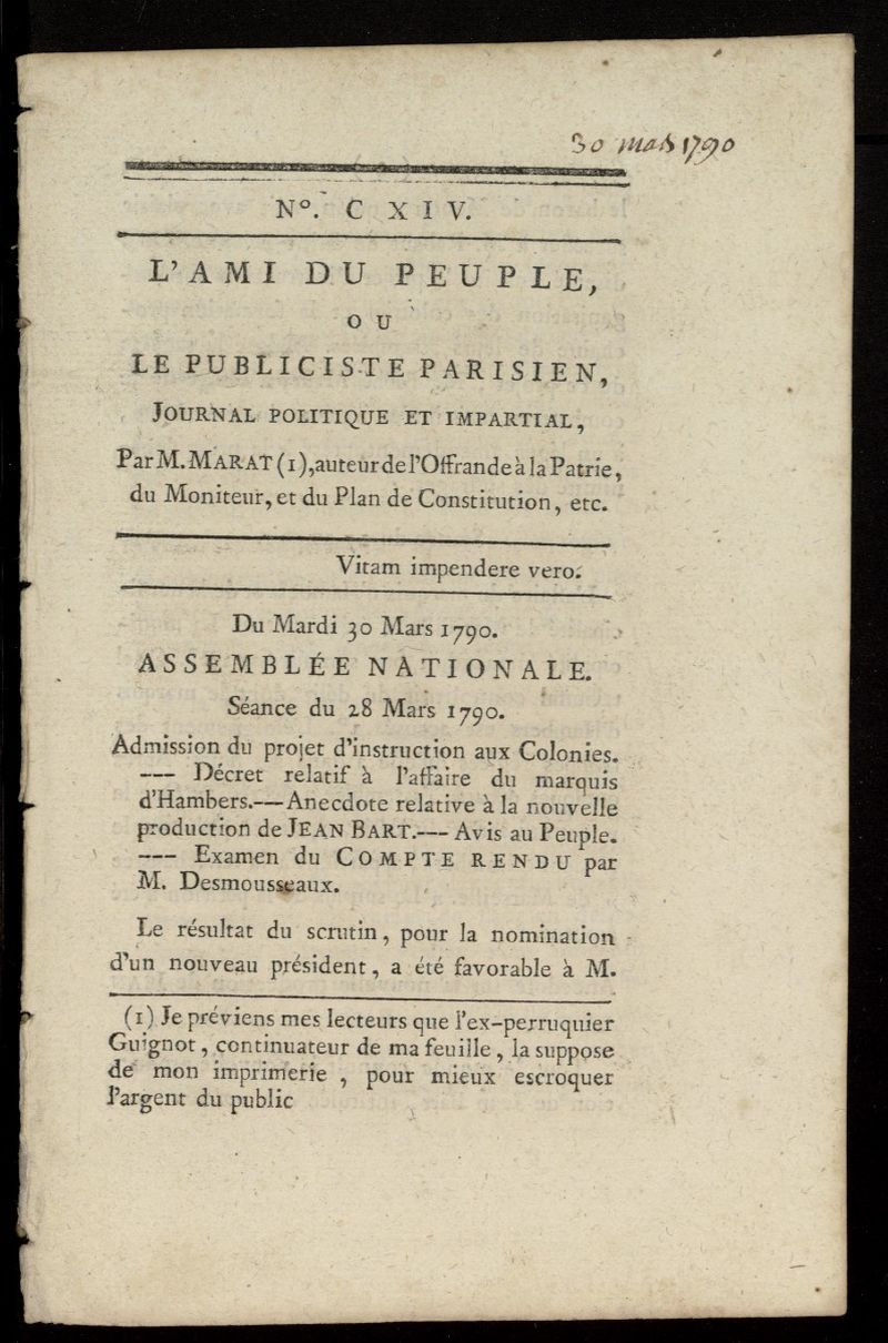 LAmi du Peuple ou Le Publiciste Parisien Politique... del 30 de marzo de 1790, n 114