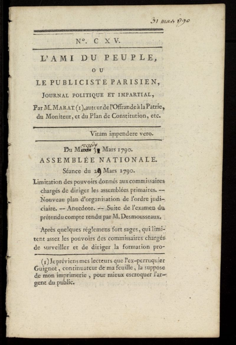 LAmi du Peuple ou Le Publiciste Parisien Politique... del 31 de marzo de 1790, n 115