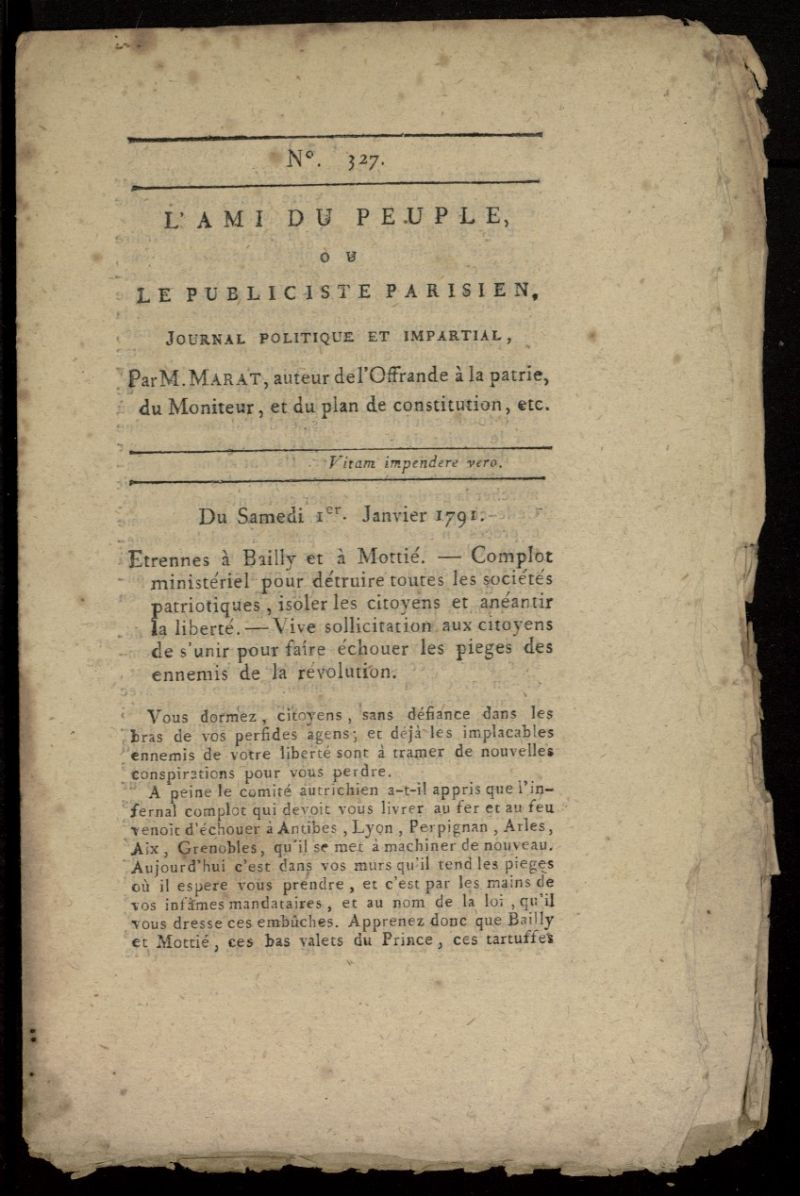 LAmi du Peuple ou Le Publiciste Parisien, journal politique et impartial del 1 de enero de 1791, n 327