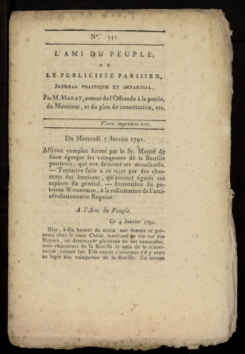 LAmi du Peuple ou Le Publiciste Parisien, journal politique et impartial del 5 de enero de 1791, n 331