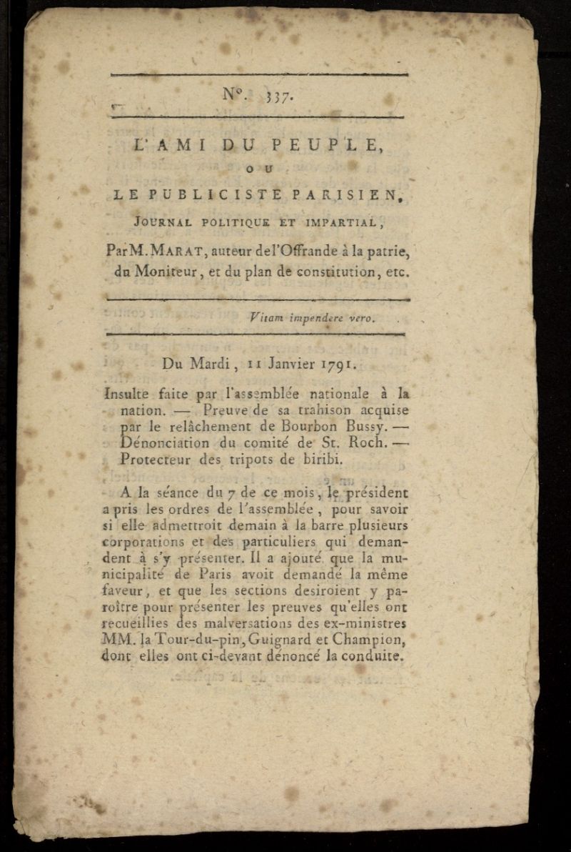 LAmi du Peuple ou Le Publiciste Parisien, journal politique et impartial del 11 de enero de 1791, n 337