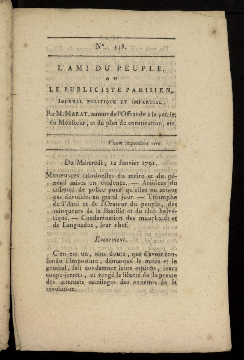 LAmi du Peuple ou Le Publiciste Parisien, journal politique et impartial del 12 de enero de 1791, n 338