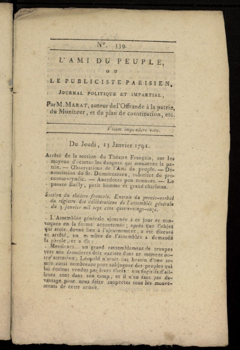 LAmi du Peuple ou Le Publiciste Parisien, journal politique et impartial del 13 de enero de 1791, n 339