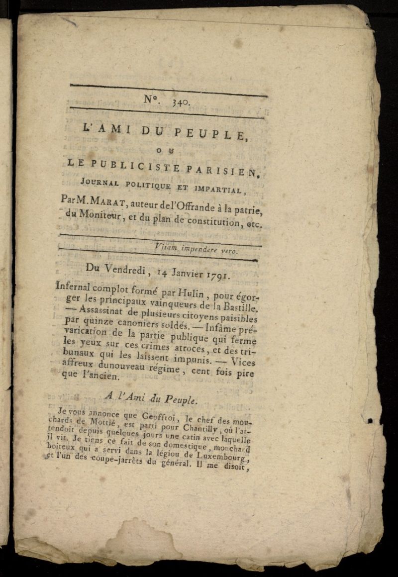 LAmi du Peuple ou Le Publiciste Parisien, journal politique et impartial del 14 de enero de 1791, n 340