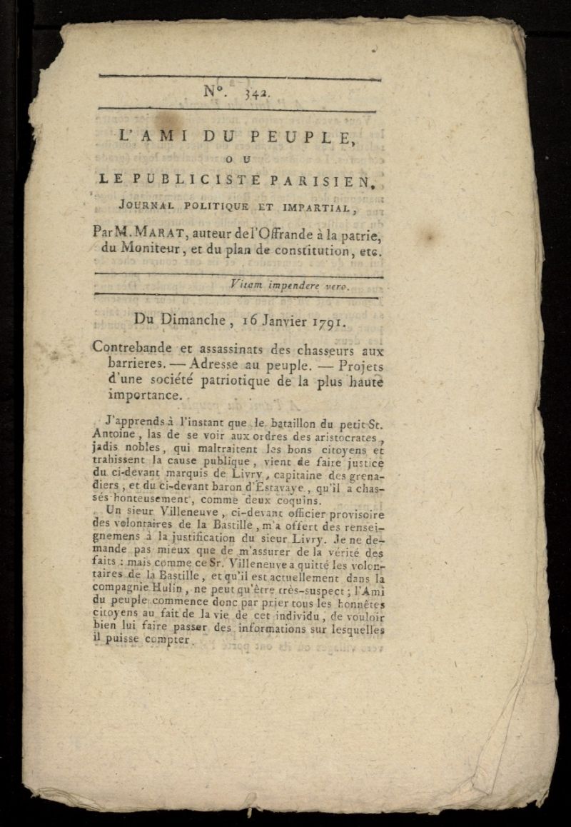 LAmi du Peuple ou Le Publiciste Parisien, journal politique et impartial del 16 de enero de 1791, n 342