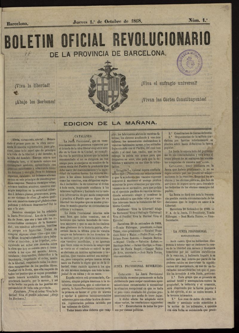 Boletn Oficial Revolucionario de la Provincia de Barcelona del 1 de octubre de 1868, n 1, ed. maana