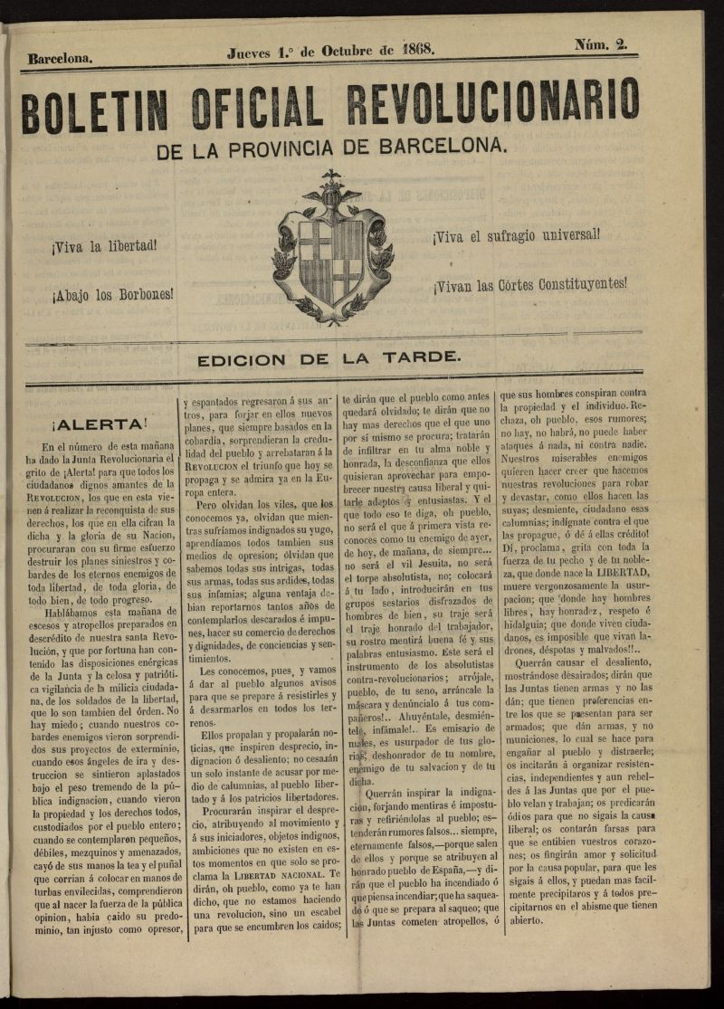 Boletn Oficial Revolucionario de la Provincia de Barcelona del 1 de octubre de 1868, n 2, ed. tarde