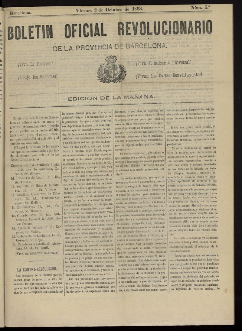 Boletn Oficial Revolucionario de la Provincia de Barcelona del 2 de octubre de 1868, n 3, ed. de la maana