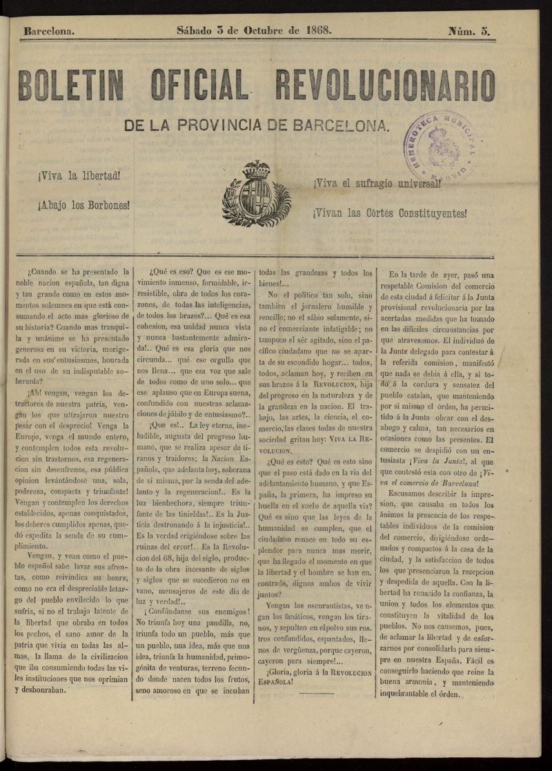 Boletn Oficial Revolucionario de la Provincia de Barcelona del 3 de octubre de 1868, n 5