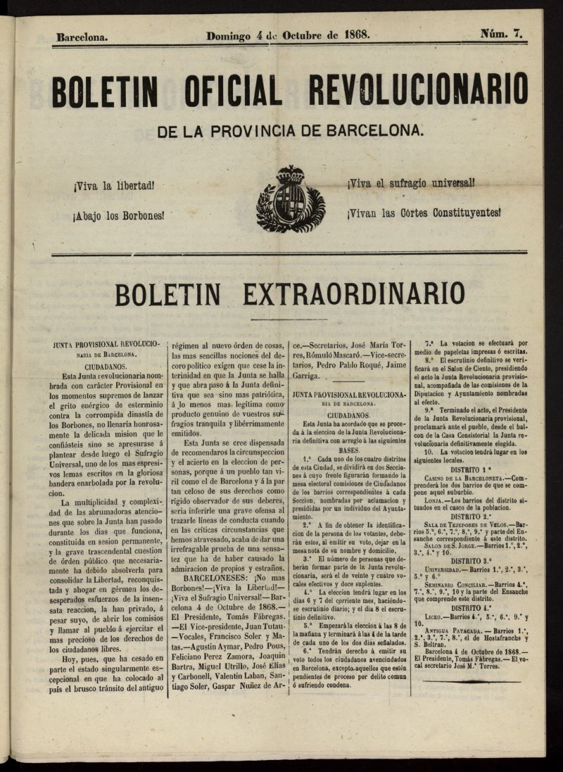 Boletn Oficial Revolucionario de la Provincia de Barcelona del 4 de octubre de 1868, n 7, extraordinario