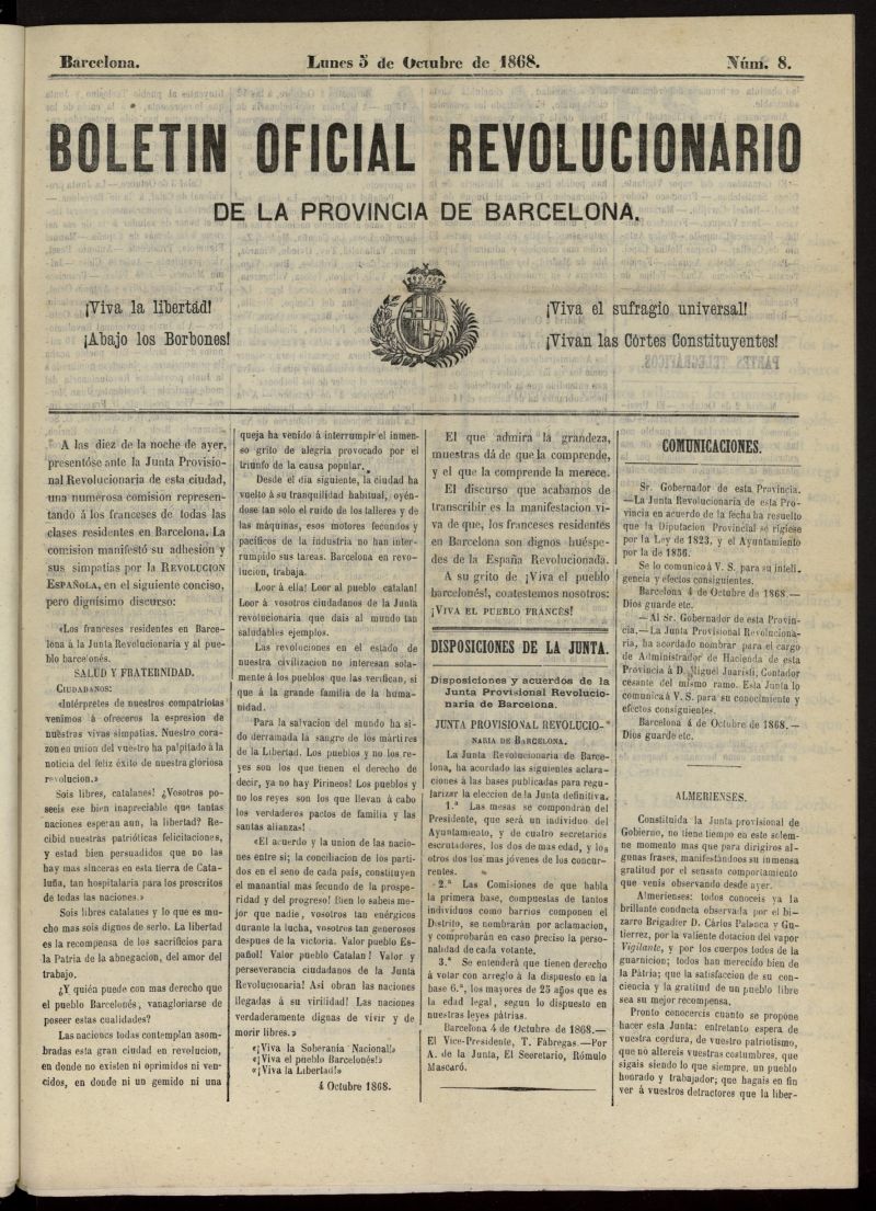 Boletn Oficial Revolucionario de la Provincia de Barcelona del 5 de octubre de 1868, n 8