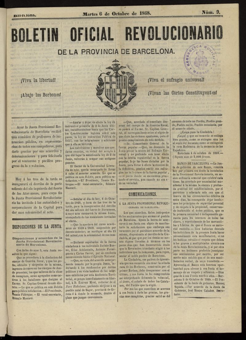 Boletn Oficial Revolucionario de la Provincia de Barcelona del 6 de octubre de 1868, n 9