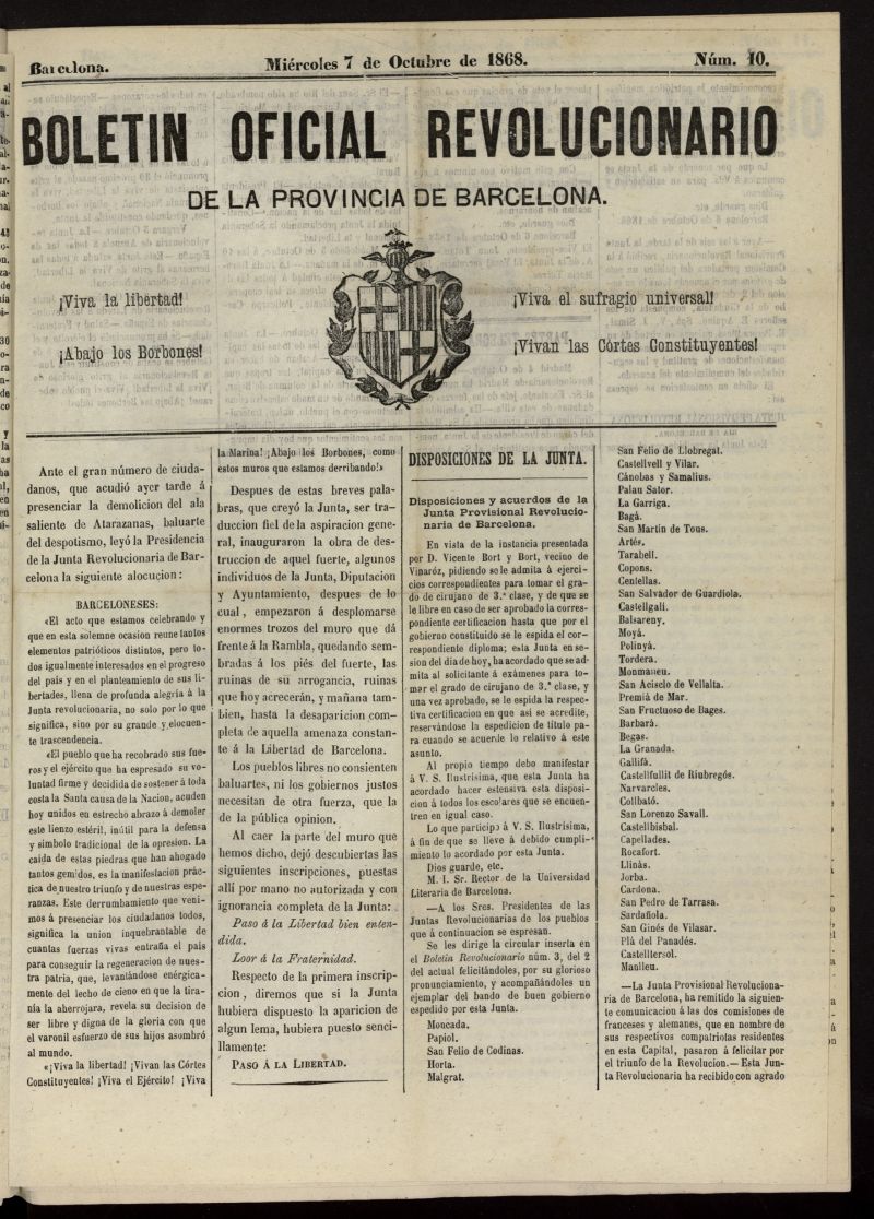 Boletn Oficial Revolucionario de la Provincia de Barcelona del 7 de octubre de 1868, n 10