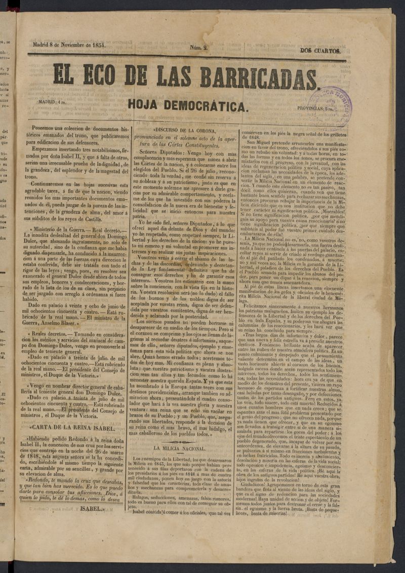 El Eco de las Barricadas: hoja democrtica del 8 de noviembre de 1854, n 2