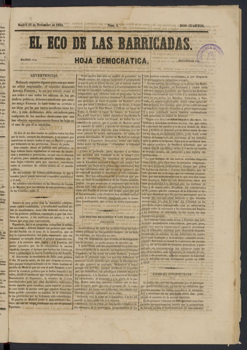 El Eco de las Barricadas: hoja democrtica del 9 de noviembre de 1854, n 3