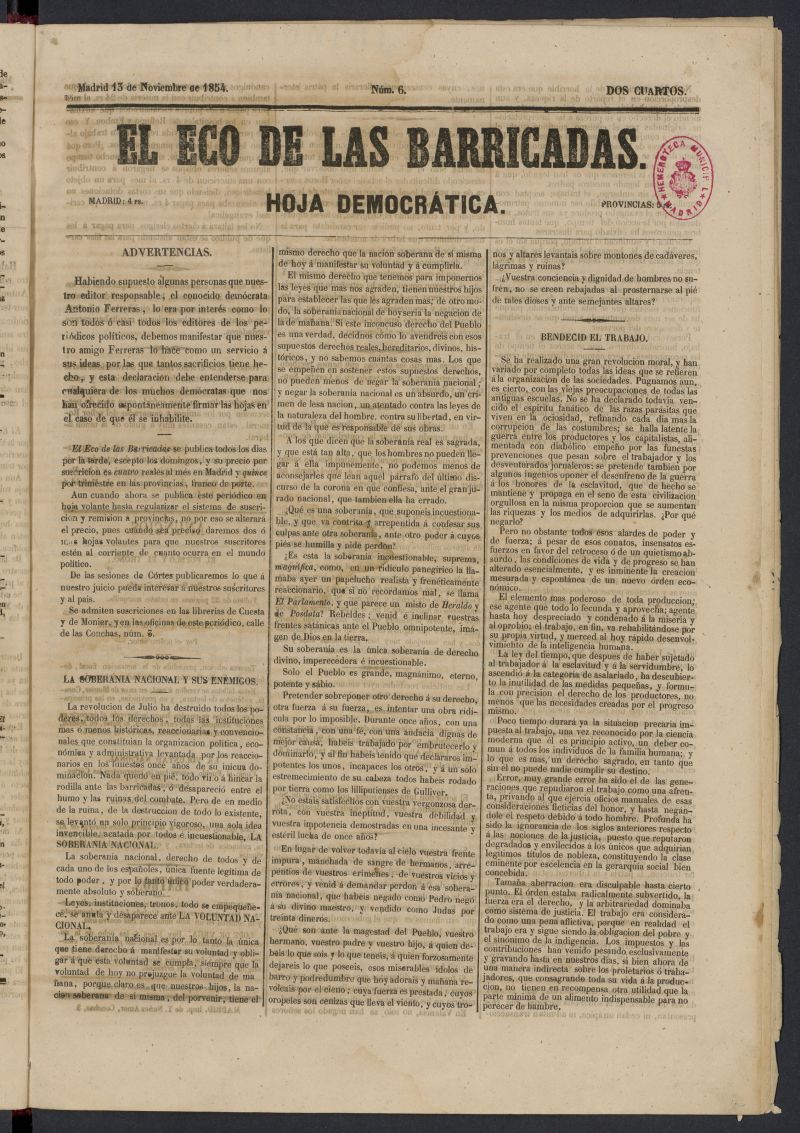 El Eco de las Barricadas: hoja democrtica del 13 de noviembre de 1854, n 6