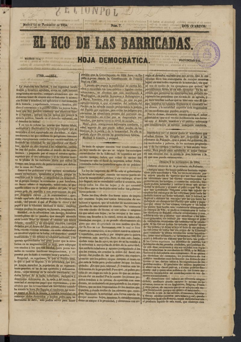 El Eco de las Barricadas: hoja democrtica del 14 de noviembre de 1854, n 7