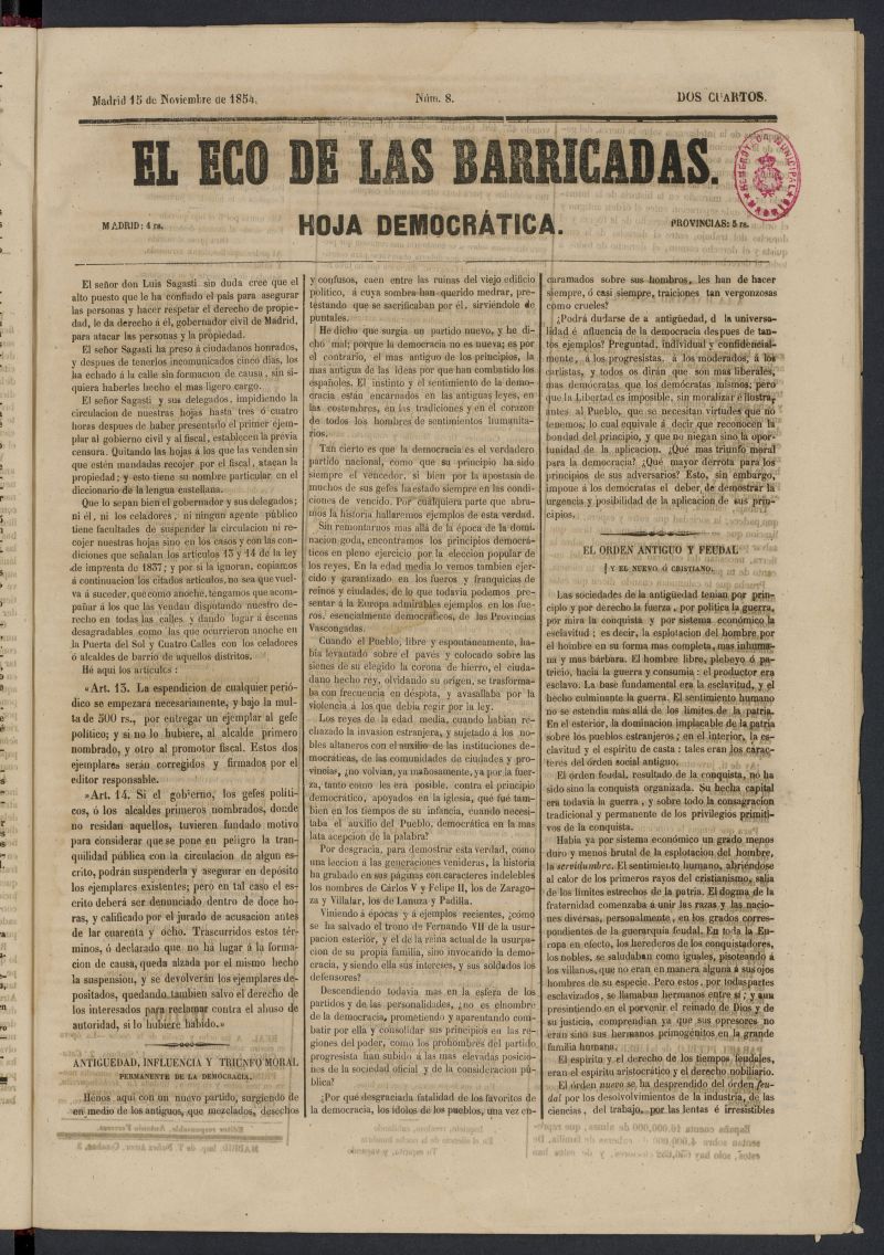 El Eco de las Barricadas: hoja democrtica del 15 de noviembre de 1854, n 8