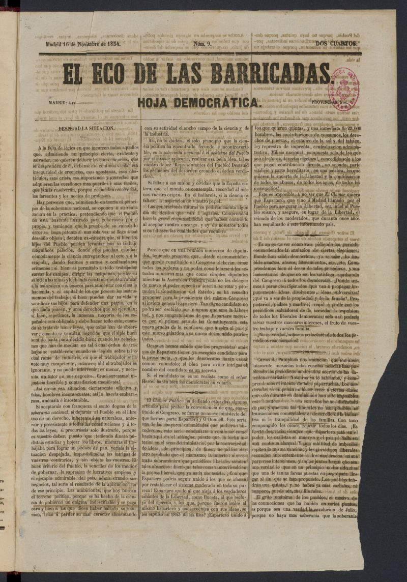 El Eco de las Barricadas: hoja democrtica del 16 de noviembre de 1854, n 9
